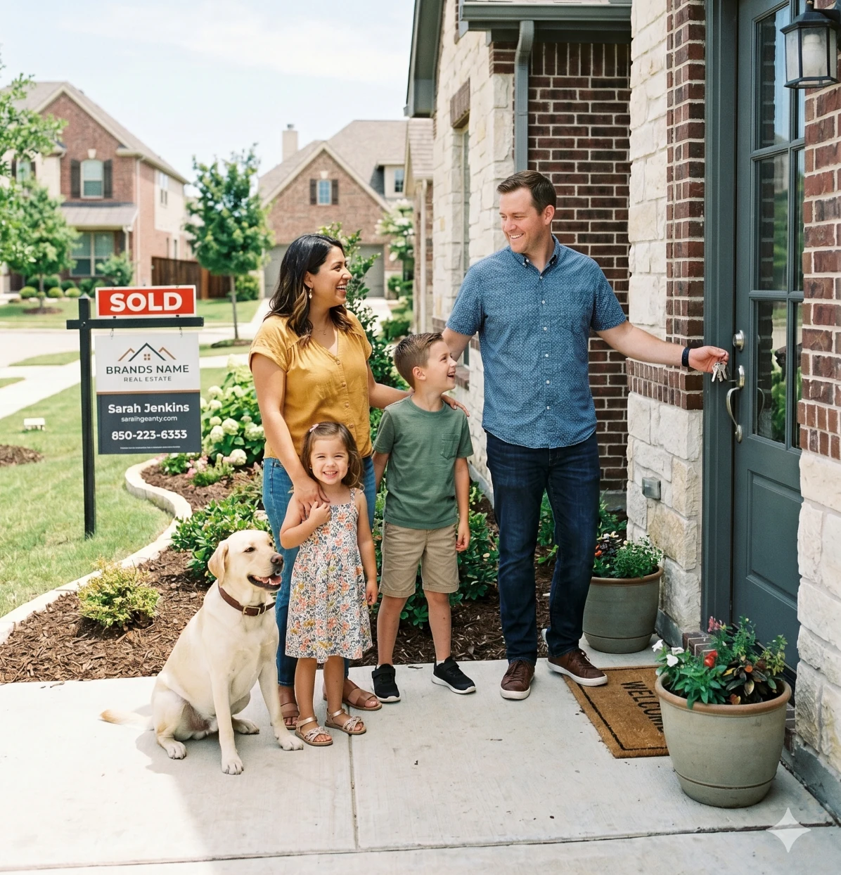 A happy family of four with a dog stands on a home's front step as the man hands over keys after a sale (SOLD sign in yard).