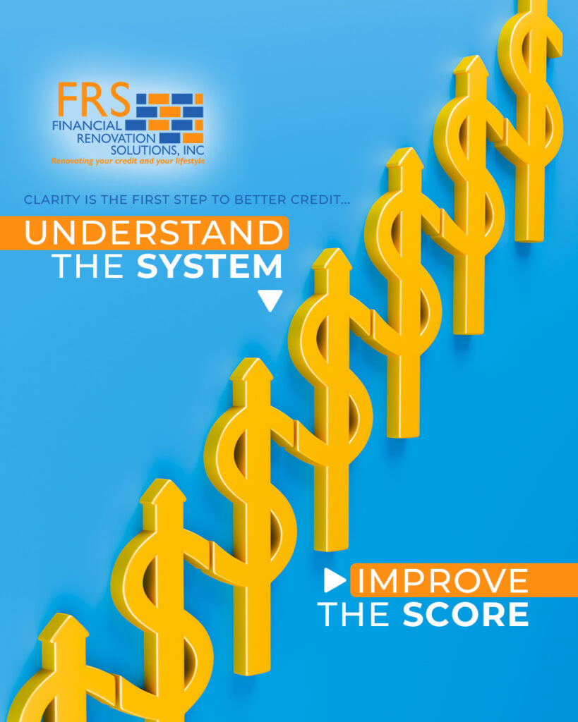 Blue background with a row of yellow dollar-sign shapes rising like stairs, plus the text'UNDERSTAND THE SYSTEM' and 'IMPROVE THE SCORE' in orange and white (FRS logo in top left).