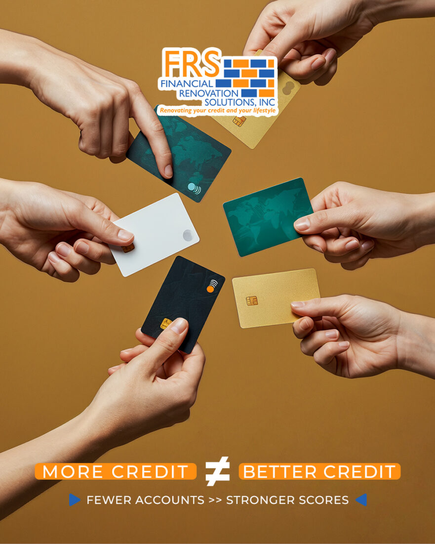 Promotional image showing hands holding different credit cards around a logo; slogan reads 'More Credit ≠ Better Credit'.