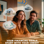 Two people sit at a desk with floating thought bubbles showing a house, a car, and charts, plus the FRS Financial logo and slogan appears above.