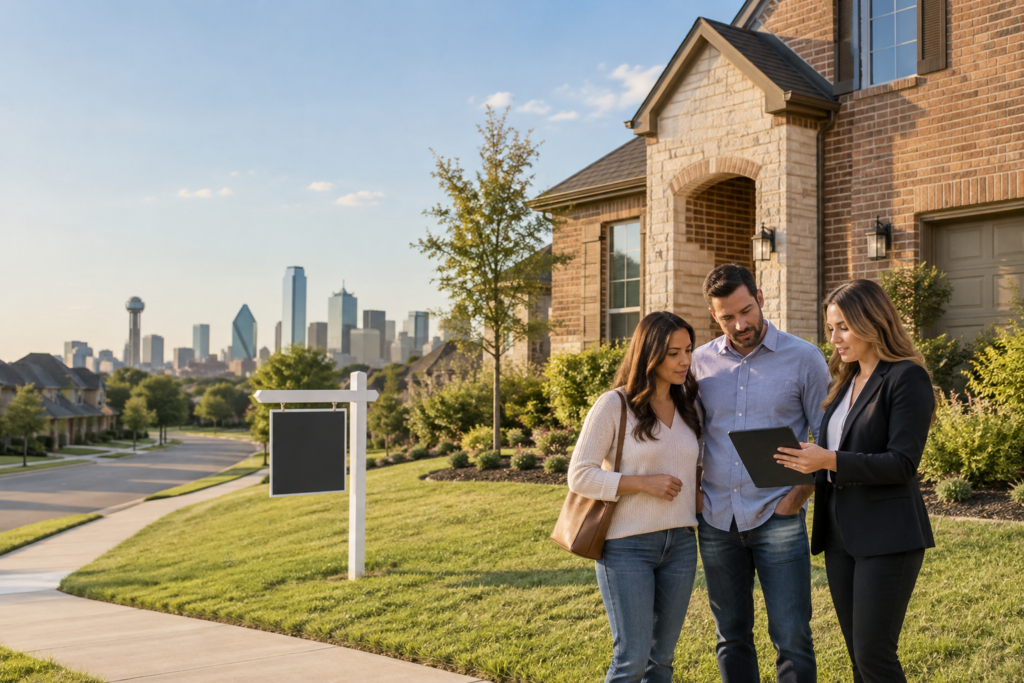 Real estate agent shows a tablet to a couple outside a brick suburban home, discussing a property.