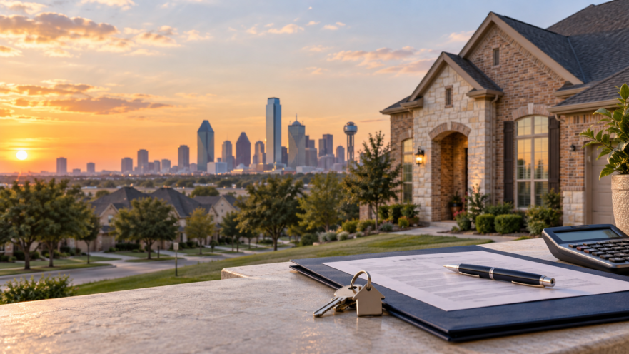 Suburban house at sunset with a city skyline in the distance; foreground shows a desk with a clipboard, pen, keys, and a calculator.