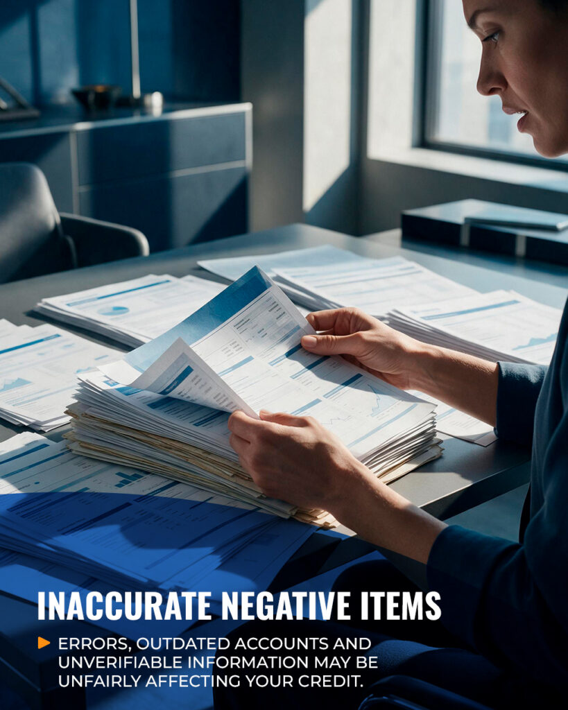 Person seated at a desk, fanning through stacks of financial reports in a bright office, addressing potential credit errors.