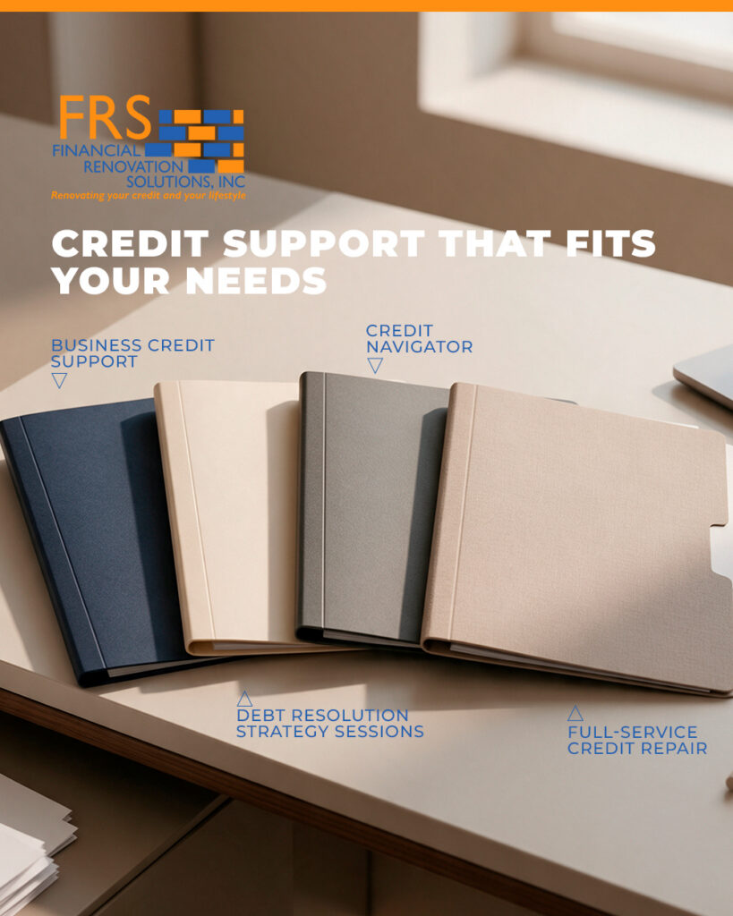 FRS logo on a desk with a stack of notebooks and blue service labels for credit support options (Credit Navigator, Debt Resolution, etc.).