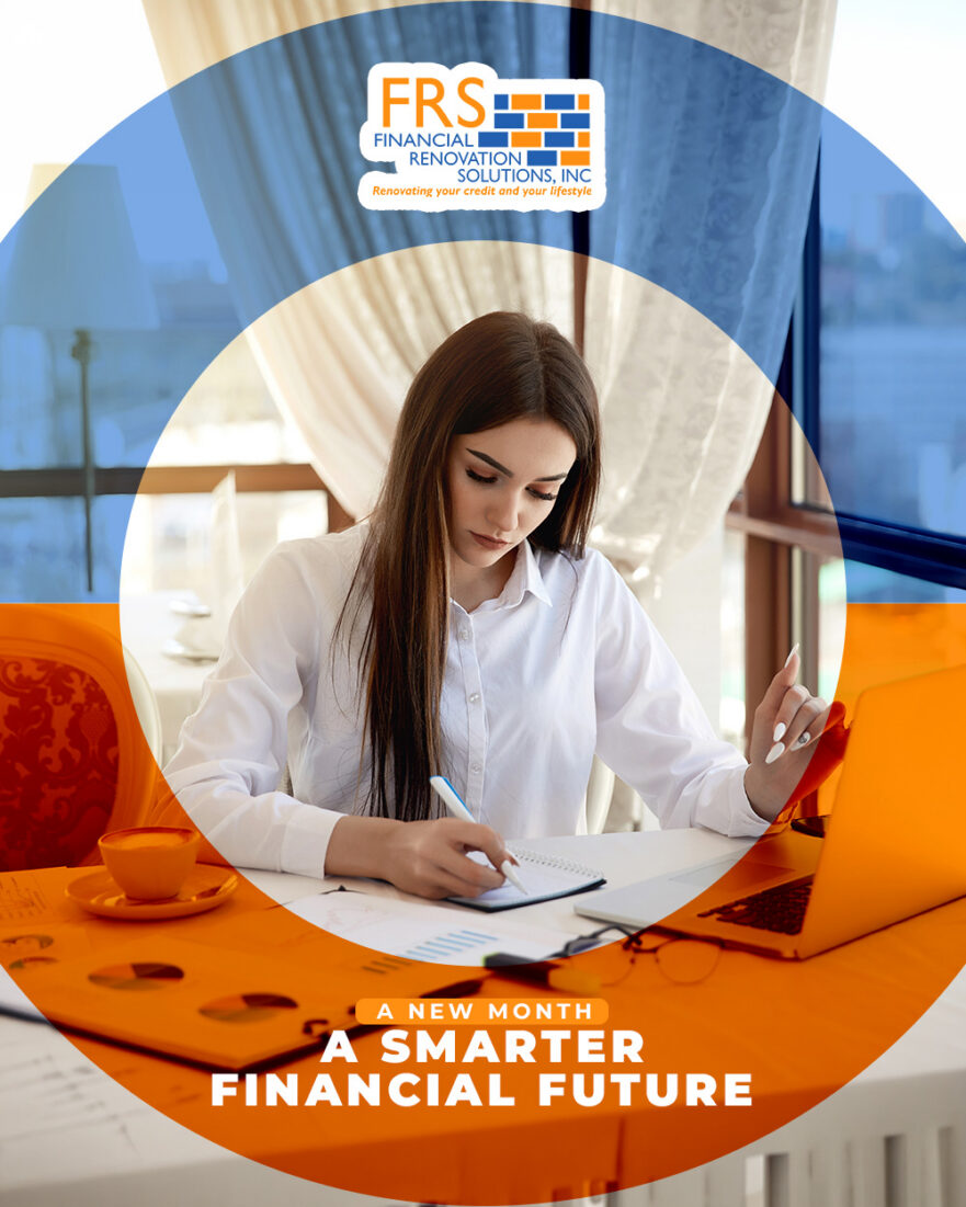 Promotional banner: a woman writes in a notebook at an orange desk, with the FRS Financial Renovation Solutions logo and slogan above