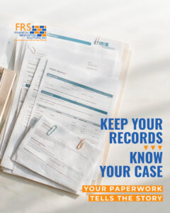 Pile of financial documents with clips; FRS logo; slogan 'Keep Your Records, Know Your Case' in blue and orange.